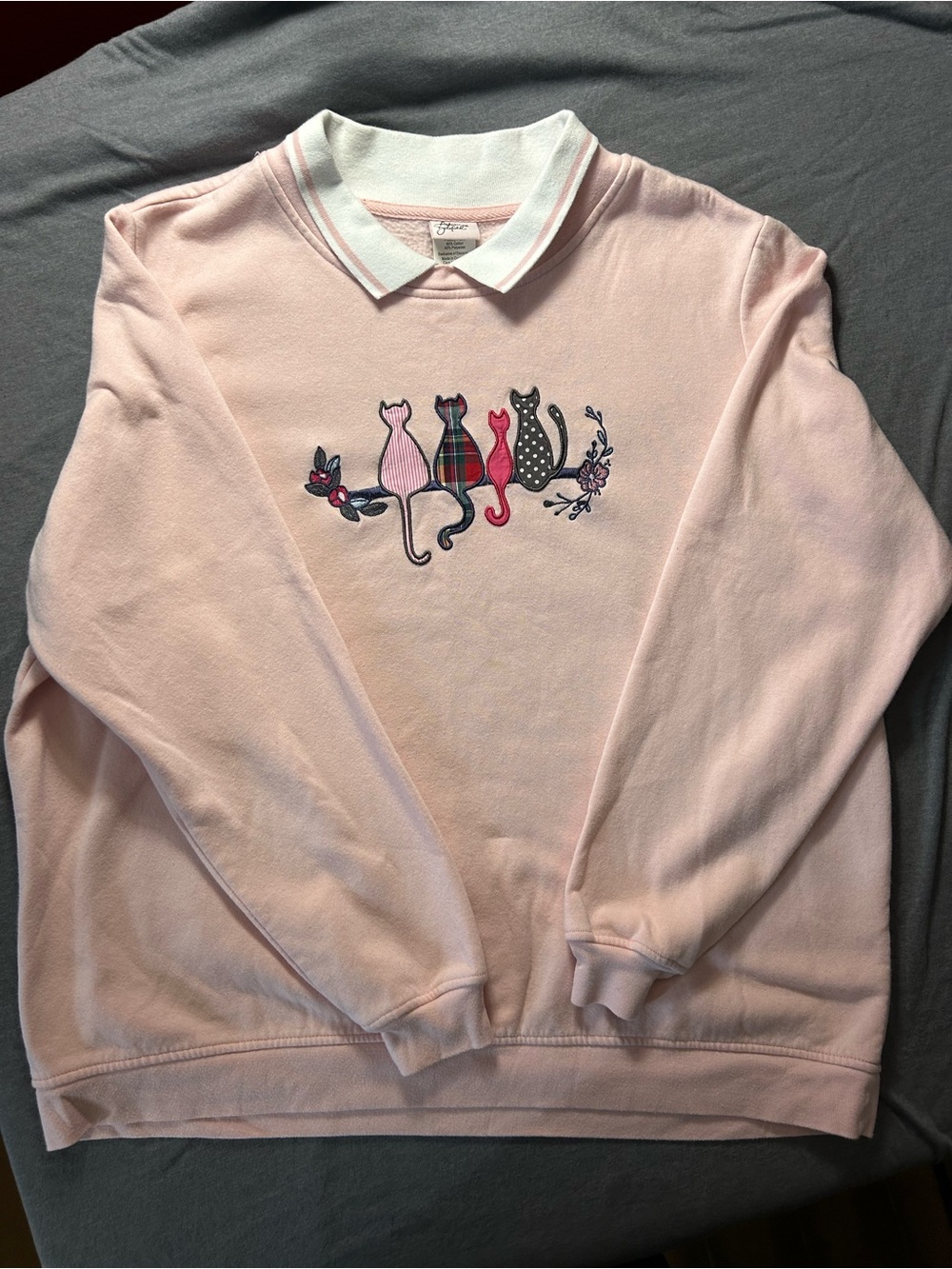 Adrian Delafield Pink Polo-Collar Sweatshirt with Embroidered Cats Grannycore